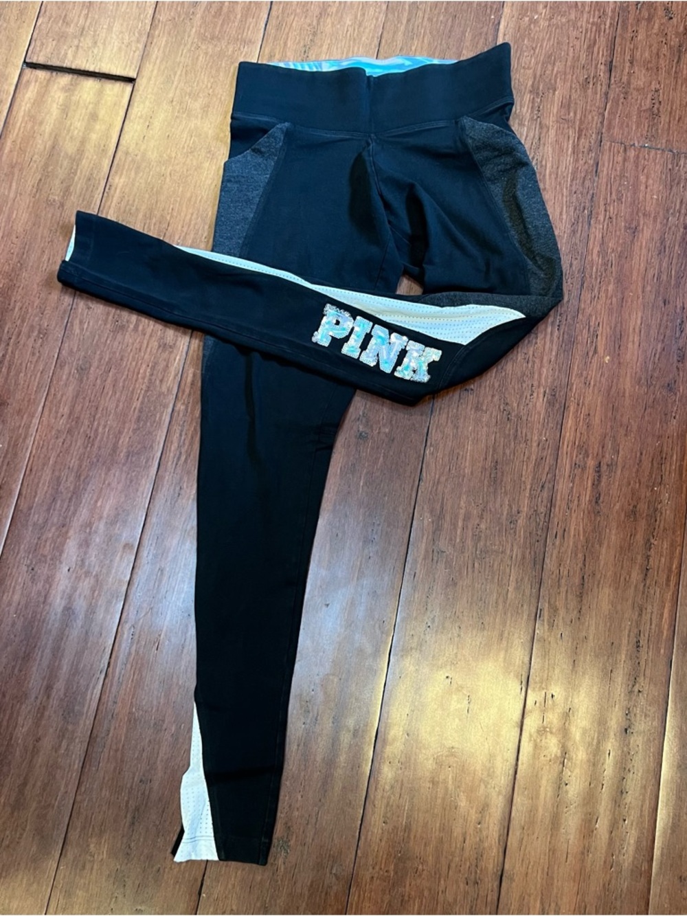 PINK Victoria's Secret Black Athletic Leggings with White Accent and Sequins